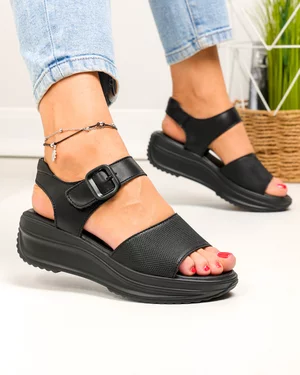 Sandale dama piele naturala negre cu catarama decorativa si inchidere scai F001-797