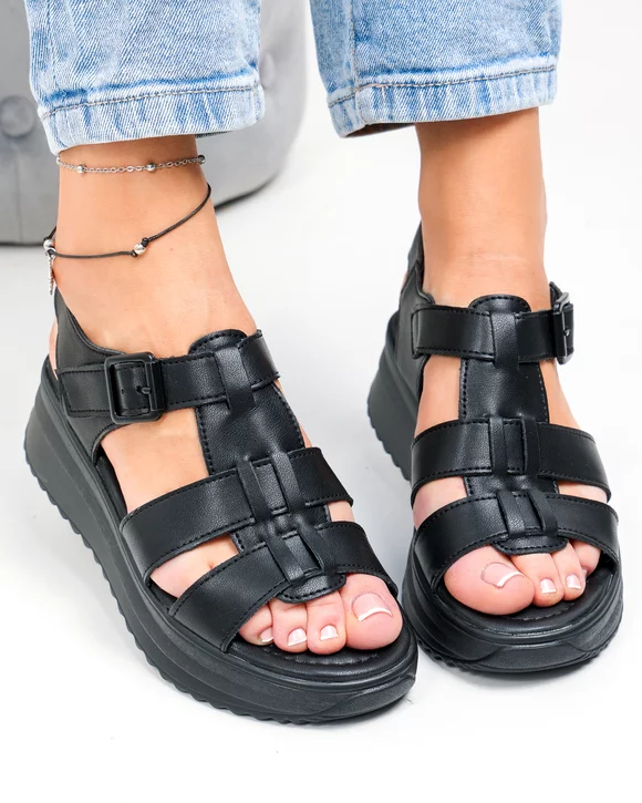 Sandale dama piele naturala negre cu inchidere scai si catarama decorativa F001-805