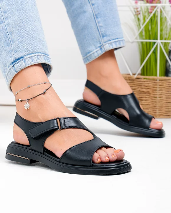 Sandale Dama - Sandale dama piele naturala negre cu inchidere scai T-8023