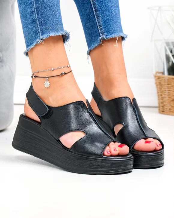 Sandale dama piele naturala negre cu model decupat JY5225