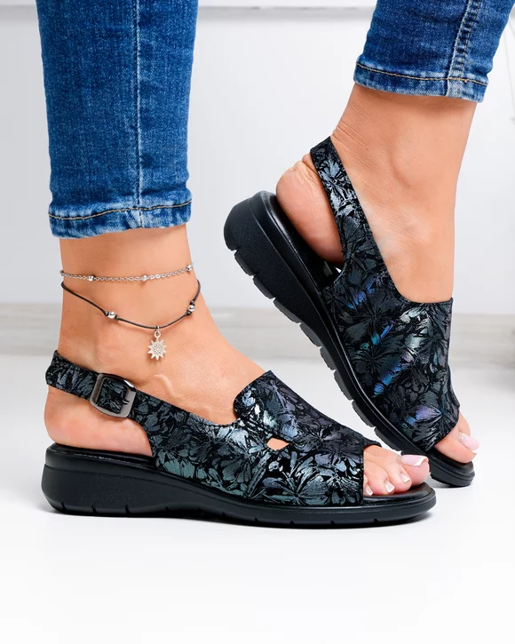 Sandale dama piele naturala negre cu model floral T-8052