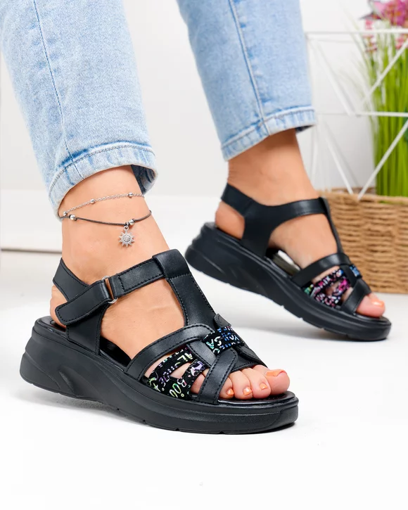 Sandale Dama - Sandale dama piele naturala negre cu model multicolor JY57811