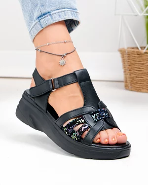 Sandale dama piele naturala negre cu model multicolor JY57811