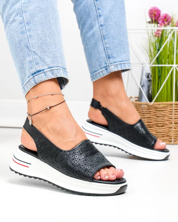 Sandale dama piele naturala negre cu model perforat T6034