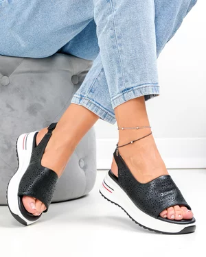 Sandale dama piele naturala negre cu model perforat T6034