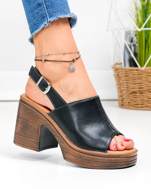 Sandale dama piele naturala negre cu platforma si toc gros JY3690