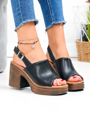Sandale dama piele naturala negre cu platforma si toc gros JY3690