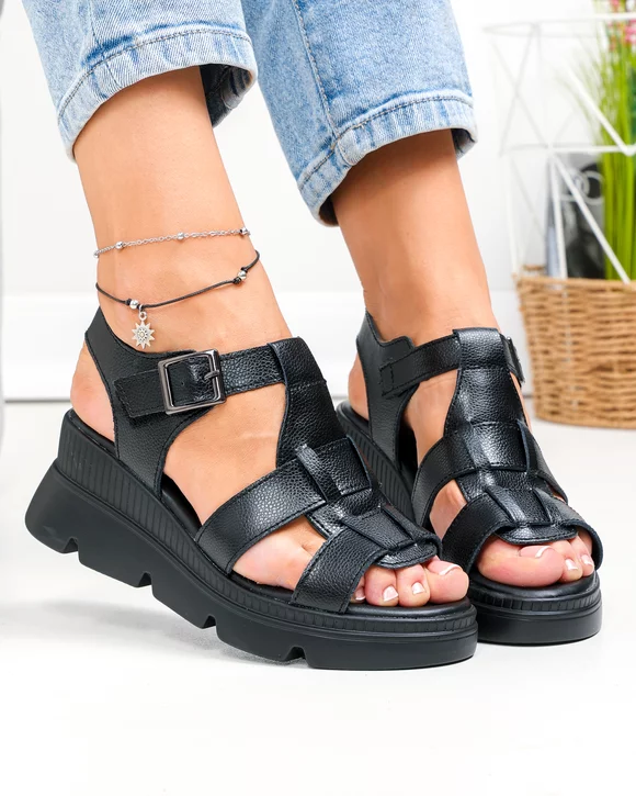 Sandale dama piele naturala negre cu talpa groasa si inchidere scai T6007
