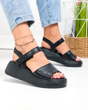 Sandale dama piele naturala negre cu talpa groasa si inchidere scai T6032