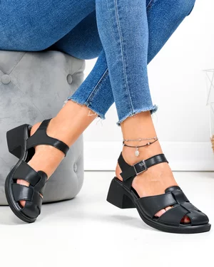 Sandale dama piele naturala negre cu toc gros si inchidere catarama JY5760