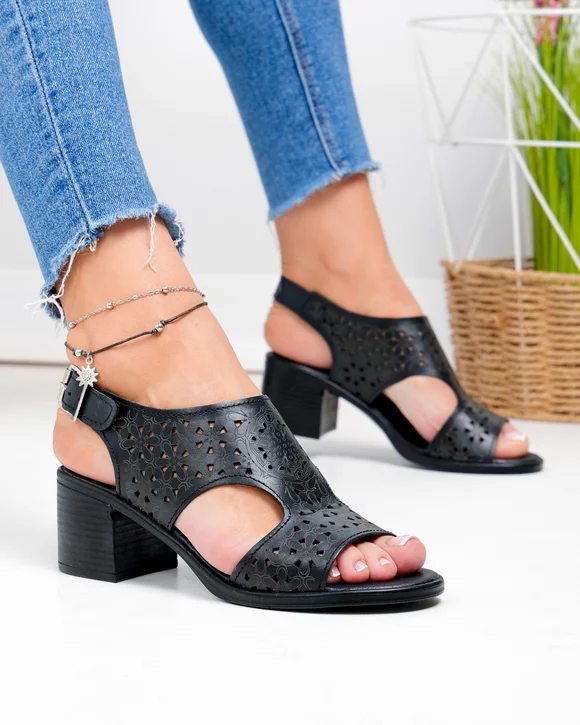 Sandale dama piele naturala negre cu toc gros si perforatii florale PV962