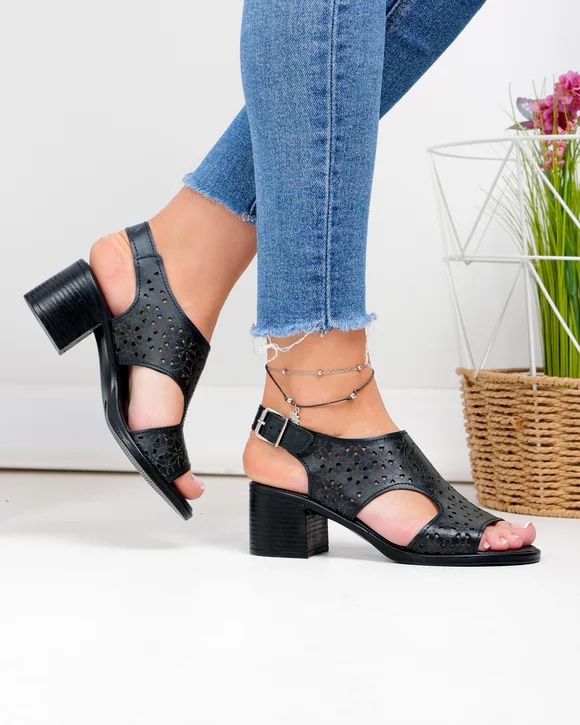 Sandale Dama - Sandale dama piele naturala negre cu toc gros si perforatii florale PV962