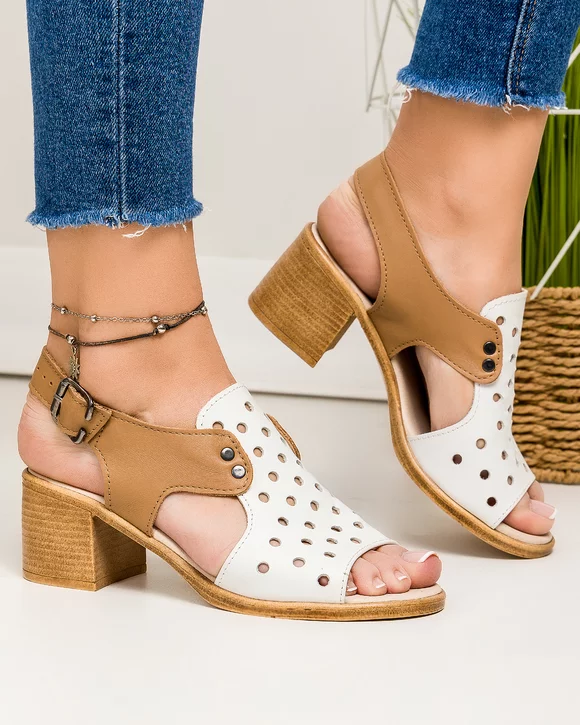 Sandale dama piele naturala perforate albe cu maro si toc gros PV973