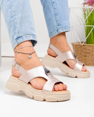 Incaltaminte Dama - Sandale dama piele naturala rose cu talpa groasa si inchidere catarama T-8048