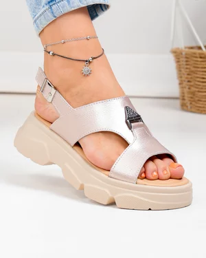 Sandale dama piele naturala rose cu talpa groasa si inchidere catarama T-8048