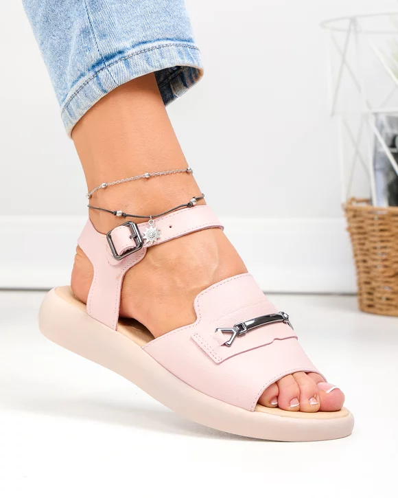 Sandale dama piele naturala roz cu inchidere catarama si accesoriu metalic PV980