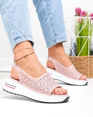Sandale dama piele naturala roz cu model perforat si talpa groasa T6034