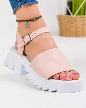 Sandale dama piele naturala roz cu talpa alba si platforma PV946TA