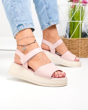 Sandale dama piele naturala roz cu talpa bej si inchidere scai T6032