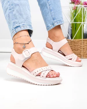 Sandale dama piele naturala roz cu talpa groasa si inchidere scai F001-804