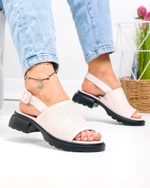 Sandale dama piele naturala roz perforate cu inchidere catarama F001-802