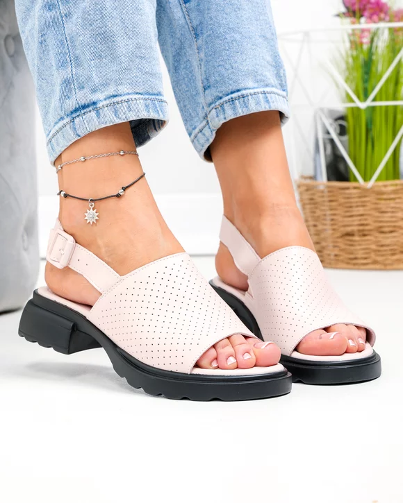 Sandale dama piele naturala roz perforate cu inchidere catarama F001-802