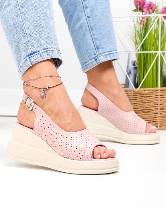 Sandale dama piele naturala roz perforate cu talpa tip platforma T6018