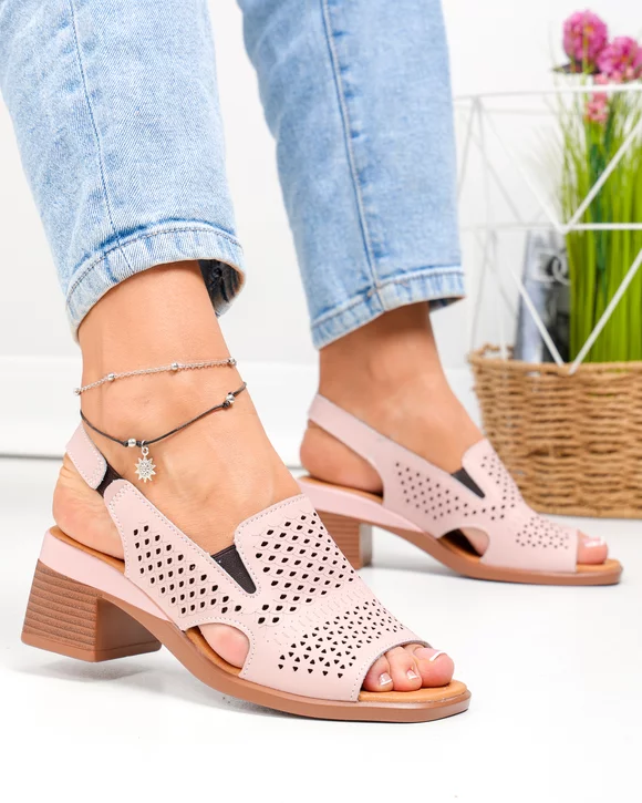 Sandale dama piele naturala roz perforate cu toc gros JY5831