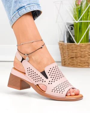 Sandale dama piele naturala roz perforate cu toc gros JY5831