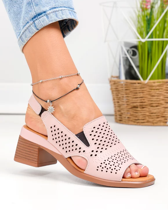 Sandale Dama - Sandale dama piele naturala roz perforate cu toc gros JY5831
