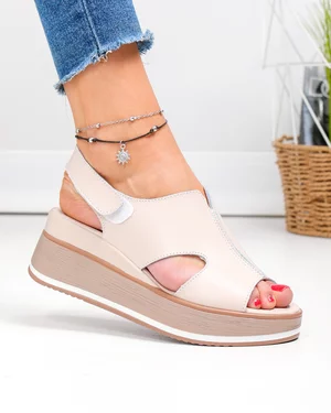 Sandale dama piele naturala roz pudra cu inchidere scai si model decupat JY5225