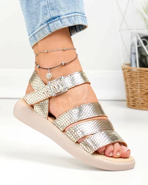 Outlet - Ultimele Marimi - Sandale dama piele naturala texturata aurii inchidere catarama si talpa joasa PV981