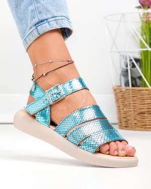 Outlet - Ultimele Marimi - Sandale dama piele naturala texturata turcoaz cu inchidere catarama PV981