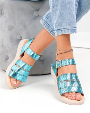 Sandale dama piele naturala texturata turcoaz cu inchidere catarama PV981
