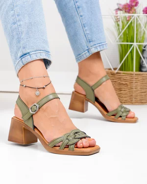 Sandale Dama - Sandale dama piele naturala verde inchis cu model impletit si inchidere catarama JY1922