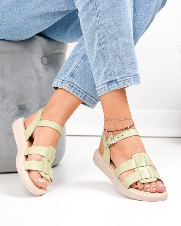 Sandale dama piele naturala verzi cu inchidere catarama si talpa joasa PV903