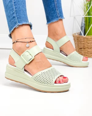 Sandale dama piele naturala verzi perforate cu inchidere catarama JY5210