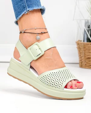 Sandale dama piele naturala verzi perforate cu inchidere catarama JY5210