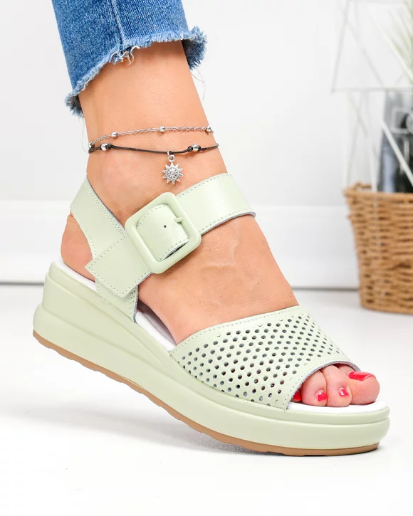 Sandale dama piele naturala verzi perforate cu inchidere catarama JY5210
