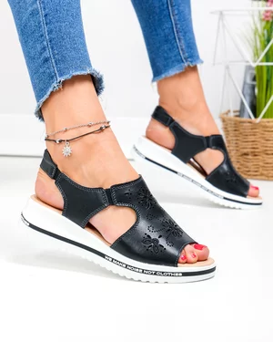Sandale Negre Piele Naturala Cu Broderie Florale JY3010