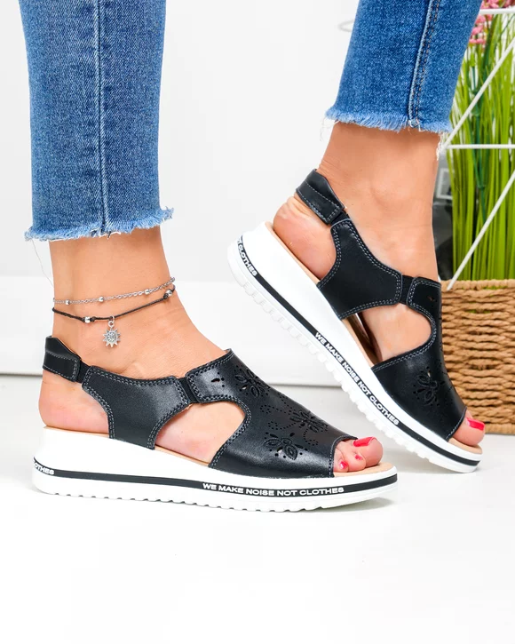 Sandale Negre Piele Naturala Cu Broderie Florale JY3010