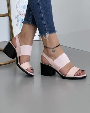 Sandale Piele Naturala Roz Pudra Cu Toc Si Bareta Elastica AK0165