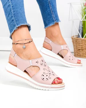 Sandale Roz Piele Naturala Cu Broderie Florala JY3010