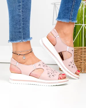 Sandale Roz Piele Naturala Cu Broderie Florala JY3010