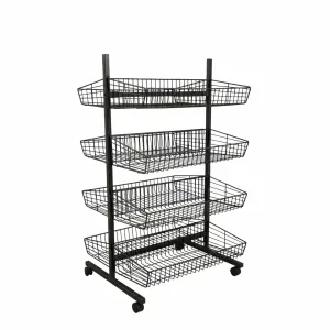 Raft market negru cu 8 cosuri – Stand de prezentare pe roti, 70 cm