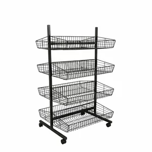 Raft market negru cu 8 cosuri – Stand de prezentare pe roti, 70 cm