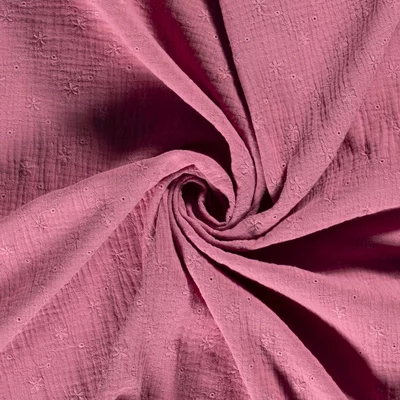 Muselina din bumbac cu broderie - Nature Dark Pink
