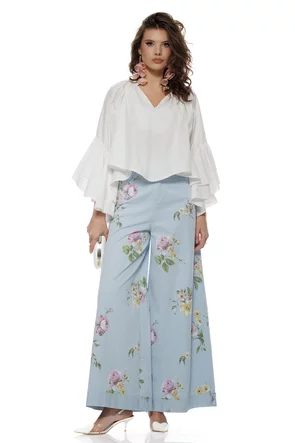 Blugi dama baby blue extralong wide cu imprimeu floral talie inalta