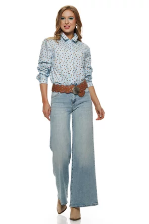 Blugi dama wide premium albastru talie medie centura lata cu capse