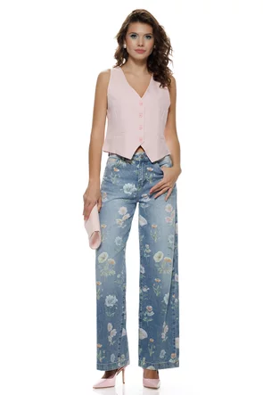 Blugi dama wide premium albastru talie medie imprimeu floral